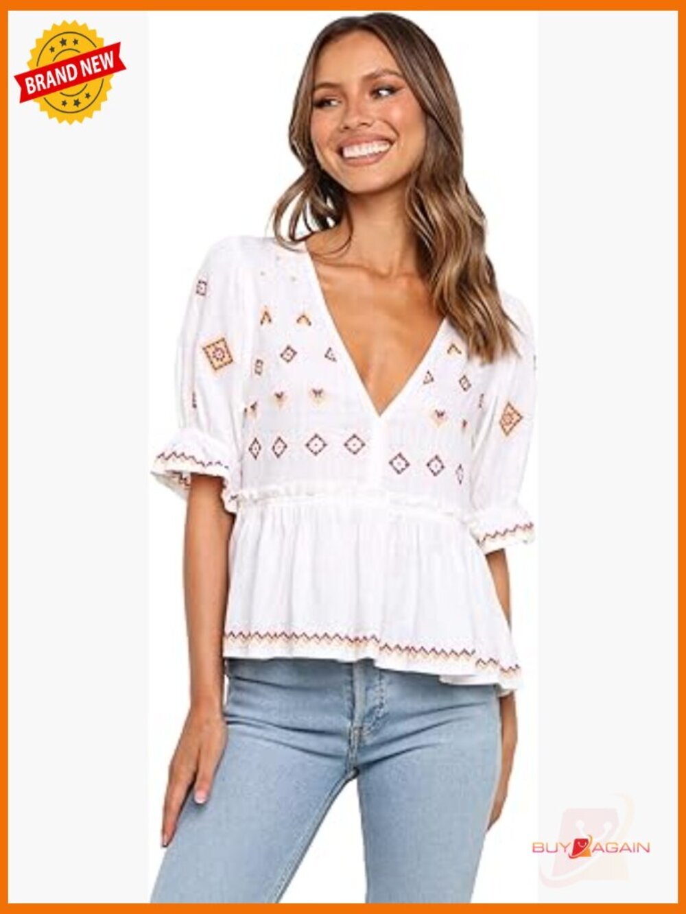 Relaxed Fit Cotton Linen Peasant Top with Ruffle Details